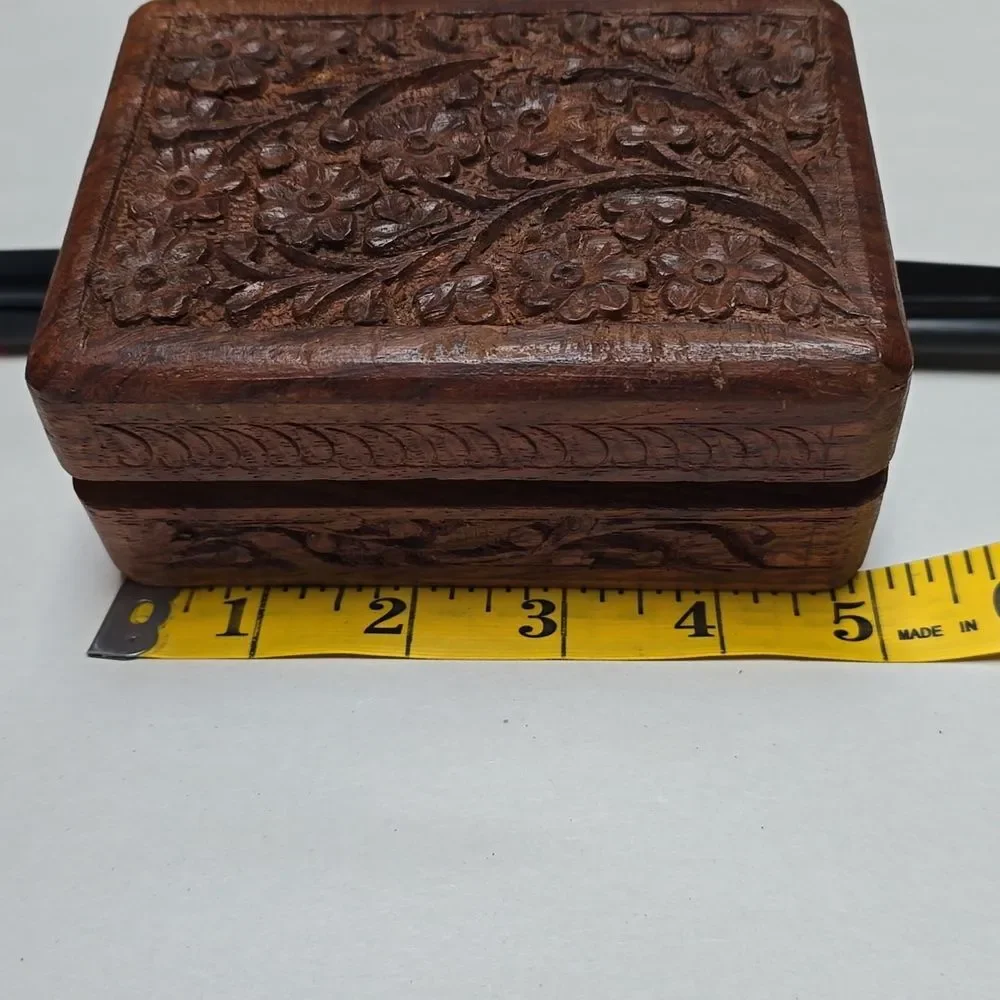 VTG Hand Carved Wooden Floral Trinket Box Blue Velvet Lined Keepsake